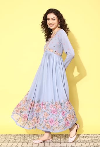 Image of LYMI LABEL Kurta Set For Women - Lavender Zari Sequence Embroidered Anarkali Alia Cut With Floral Print Kurta Pant Set