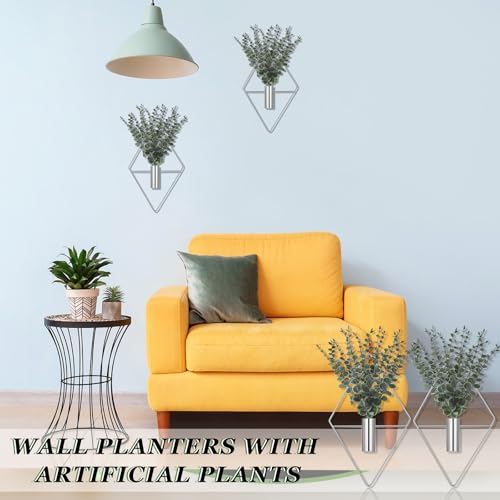 Image of Jexine Hanging Planters with Artificial Eucalyptus Metal Hanging Vase Indoor Plants Holder Modern Geometric Boho Bathroom Wall Decor for Living Room Home Office(Chrome Sliver,4 Pcs)