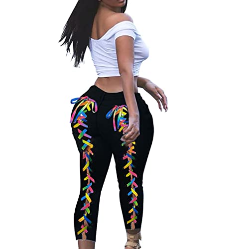 XUETON Skinny Jeans for Women High Waisted Lace Up Jean Back Colorful Bandage Jeans Distressed Skinny Leg Trousers Leggings