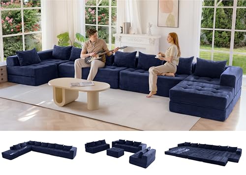 Image of MAXYOYO Modular Sectional Sofa Couch, Foldable Oversized U Shaped Cloud Couch with Pillows, Tufted Boneless Lounger Floor Sofa Bed for Living Room, No Assembly Required, Navy