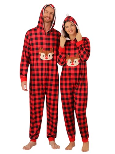 Usaibhir Pijamas de Navidad a juego para parejas, para la familia, a rayas, a cuadros, con capucha, para hombres y mujeres, con cremallera completa, Cuadros rojos y negros, L