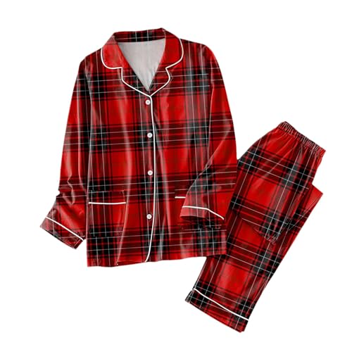 Conjunto de pijama cómodo para mujer, pijama a juego para mujer, clásico, con botones, largo de satén con bolsillos para dormir y descansar, rosso, XL