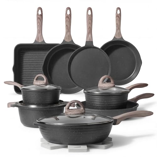 JEETEE Pots and Pans Set Non Stick 23pcs, Healthy Kitchen Cookware Sets, Induction Cooking Set W/Gray Frying Pans, Saucepans, Sauté & Griddle & Crepe Pan (PFOA, PFAS Free)