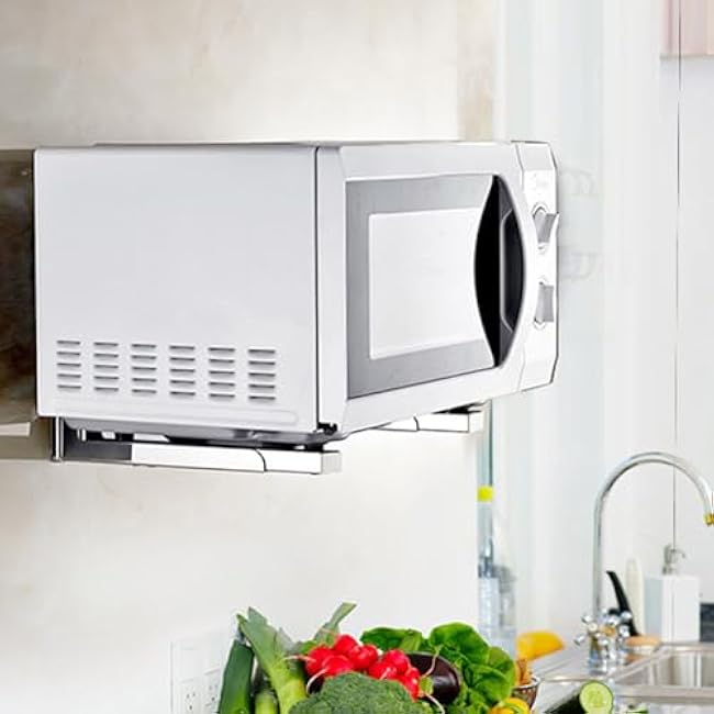 iayokocc Wall Mounted Microwave Bracket, Kitchen Foldable Stainless Steel Shelf Oven Rack Holder(Silver)