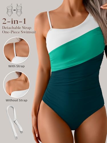 Image of Aidonger One Shoulder One Piece Swimsuit for Women Tummy Control Bathing Suits Color Block Ruched Swim Suit Slimming Swimwear