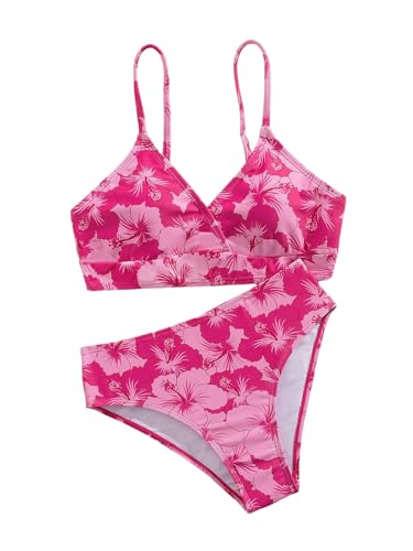 MakeMeChic Girl's Floral Bikini Set V Neck Wrap Backless Summer Bathing Suit 2 Piece Swimsuit