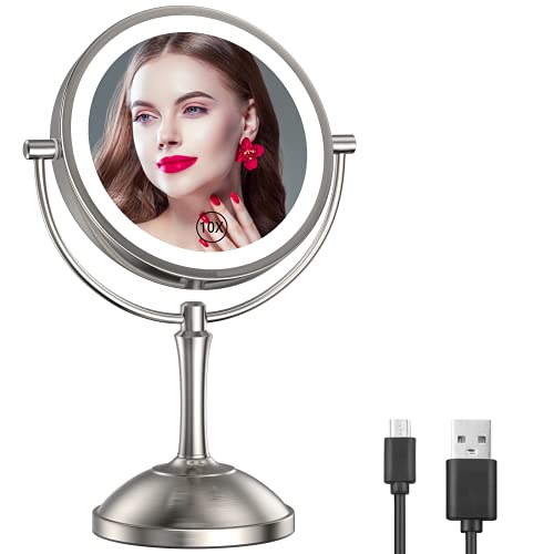 Gospire 8'' Lighted Makeup Mirror with Double Sided 1X/10X Magnification, [54 LED Lights & 3 Color Lighting & Adjustable Brightness] Touch Control Cosmetic Mirror [Rechargeable] Vanity Mirror