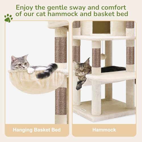 Globlazer Corner Cat Tree, 51in Curved Series Modern Cat Tower for Indoor Cats with Hammock, 7 Sisal Scratching Posts, Large Fan-Shaped Platform for Large Cats, Cat Condo & Hanging Basket, C51, Beige - Image 6