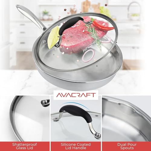 AVACRAFT 10 Inch Tri-Ply Stainless Steel Frying Pan with Lid, Side Spouts, Induction Pan, Versatile Stainless Steel Skillet, Fry Pan in our Pots and Pans (Tri-Ply Stainless steel,10 Inch)