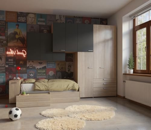 MOBILFINO CAMERETTE Chambre Bridge avec lit Simple, Armoire et Commode - Espace et Design - Rovere Rock e basalto, La Gauche