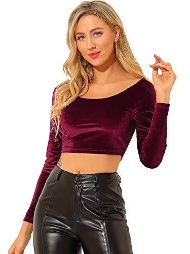 Allegra K Women's Velvet Long Sleeve Off Shoulder Solid Crop Top - Main Image