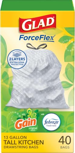 Image of Glad ForceFlex Tall Kitchen Trash Bags, 13 Gallon, Gain Original, (Package May Vary) 40 Count (Pack of 6)