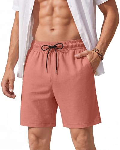 Image of August Alley Men's Linen Shorts with Liner Summer 5 Inch Casual Elastic Waist Drawstring 2 in 1 Beach Shorts with Pockets