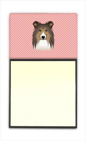 Checkerboard Pink Sheltie Refiillable Sticky Note Holder Or Postit Note Dispenser44; 3 x 3 in.