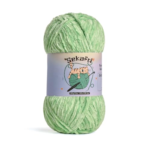 Image of Fuzzy Chenille Yarn for Crocheting, Fluffy Amigurumi Crochet Yarn for DIY Craft /Hat /Shoes, (100g /197yds) Soft Velvet Baby Blanket Yarn(Light Green)
