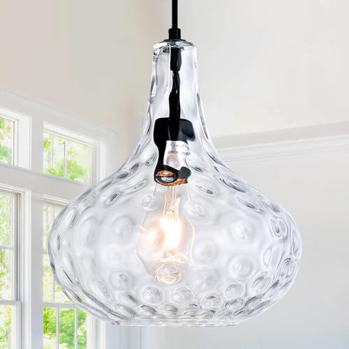 Image of 11 inch Black Hammered Glass Pendant Light, E26 Kitchen Island Light | 11 inch handblown hammered glass pendant light with matte black finish, adjustable cord, E26 base, ideal for kitchen islands