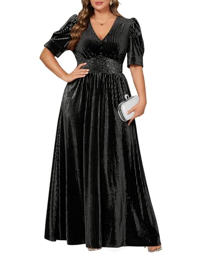 Image of Pinup Fashion Velvet Wedding Guest Dress - Fall Formal Holiday V Neck Empire Waist Long Dresses