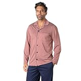 Haut : veste boutonnée imprimée tirés rouille avec passepoil, col et poche poitrine ; Bas : pantalon marine avec poches côtés.
