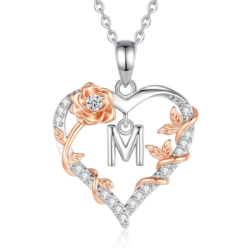 EUDORA Harmony Ball Herz Rosen Kette mit Buchstaben M für Damen mit Zirkonia Silber Buchstabe Ketten Initialen Halskette Alphabet Anhänger Schmuck mit Namen Geschenke für Frauen Mutter Tochter 18