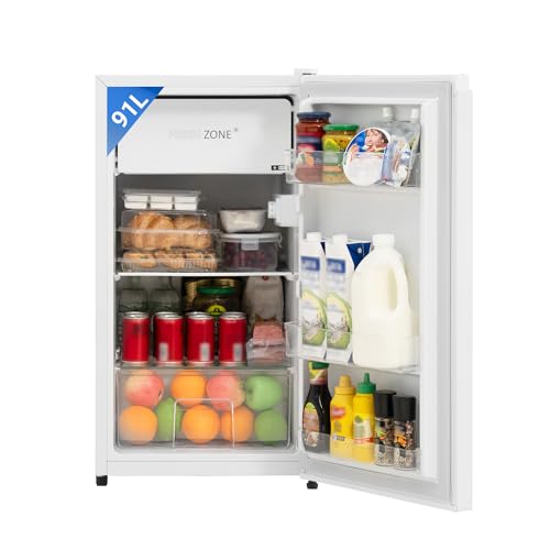 Techomey Kühlschrank 90L, Mini Kühlschrank Weiß, Kühlschrank klein mit Umkehrbare Tür, 39dB kleiner kühlschrank leise für Küche,Büro,Schlafzimmer,kleine Wohnungen, Hotels,0-10℃