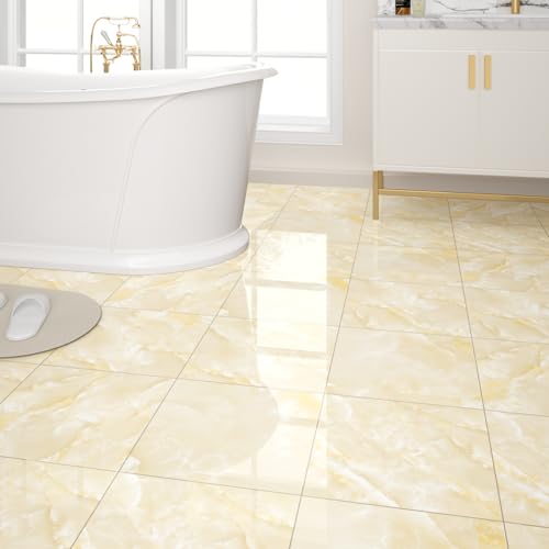 10-Pack Peel and Stick Floor Tiles Vinyl Floor 12 x 12 inch Self Adhesive Waterproof Flooring Planks DIY for Bathroom, Kitchen, Living Room, RV, Cover 10 Sq. Ft, Polish Ivory Beige Marble