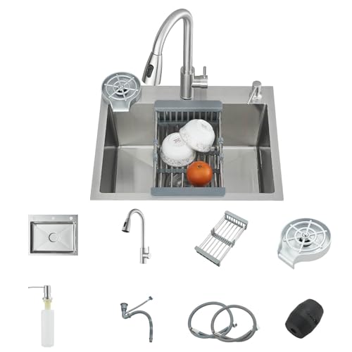 Fregadero Integrado Cocina JUNSOTTOR 60x45 cm - Cepillado Nano, Grifo Volante Retractable, Dispensador de Jabón Empotrado