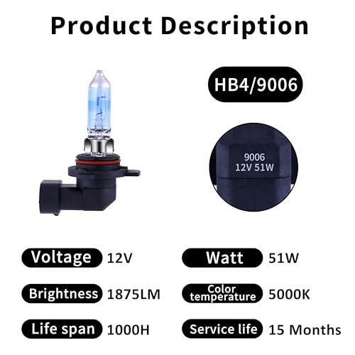 Image of 9006 Headlight Bulbs HB4 Halogen Bulb 5000K Super White Light Long Life Replacement P22D 12V /51W (9006 /HB4, 2 Pack)