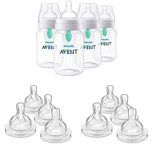 Image of Philips AVENT Anti-Colic Baby Bottles with AirFree Vent (9oz, 4pk) + Anti-Colic Flow 3 & 4 Nipples (4pk Each)