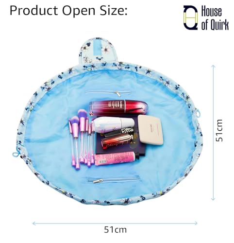 House of Quirk Lazy Cosmetic Multifunction Bag Drawstring Makeup Pouch Makeup Bags Toiletry Organizer for Women (Blue/Black Flower)