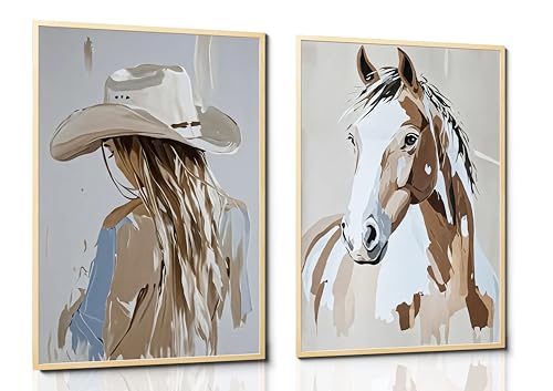 Image of FJKLRP 2pcs Western Cowboy Girl Wall Art with Hat Cowboy Girl and Horse Canvas Print Poster Western Oil Painting Style Decoration for Living Room Bedroom Home Wall Decor Unframed