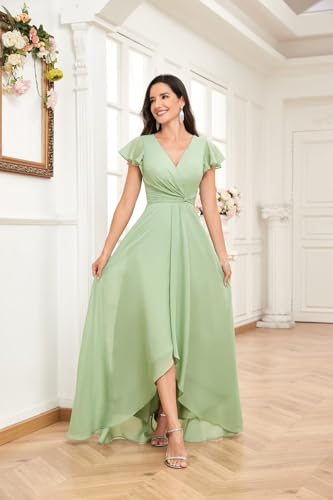 Short Sleeve Bridesmaid Dresses Chiffon Long A Line V Neck Ruffles High Low Modest Formal Prom Evening Dress3