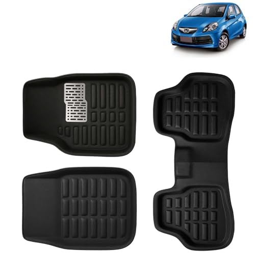 KINGSWAY Accessories Premium 3D Car Floor Mats Only Compatible with Honda Brio Year 2011 to 2019 All Model, Set of 3, 100% Waterproof Tray Shape PVC 3D Car Foot Mats Anti-Slip Car Mat, Black