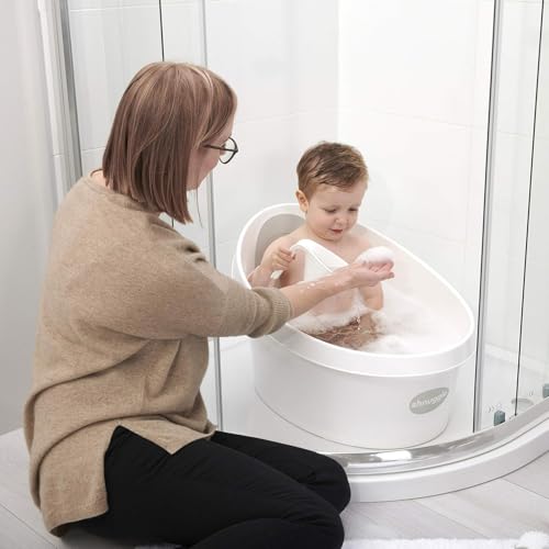 Image of Toddler Bath Tub | Larger Bath for Bigger Kids at Bathtime | Includes Warm and Soft Foam backrest | Grippy Anti-Slip Surface | Includes Easy Drain Bath Plug | White & Grey