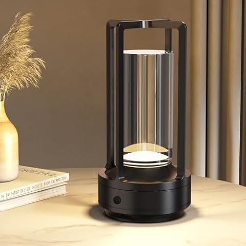 Cordless Portable Table Lamp Rechargeable for Indoor/Outdoor, 3000mAh Small Battery Powered Operated Lights, 3 Color Modes Dimmable Waterproof, LED Desk Lamp for Restaurant/Bedroom/Camping (Black) Cover