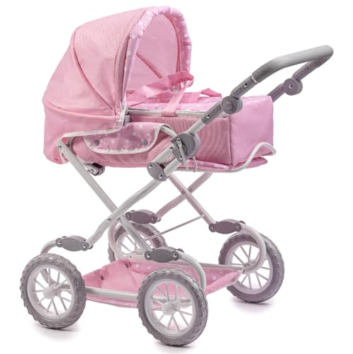 JC Toys- Carro Deluxe plegable de 4 ruedas, para muñecas de hasta 45 cm, convertible a silla de paseo, rosa con lunares blancos, cesta de transporte extraíble, diseñado por Berenguer, +3 años