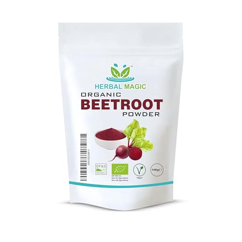 Herbal Magics Organic Beet Root Powder - Sweet & Earthy - Ideal as a Natural Food Colour and Flavour to Tandoori Dishes Cakes Free from Fillers & Preservatives - of&G UK Organic Certified 100g