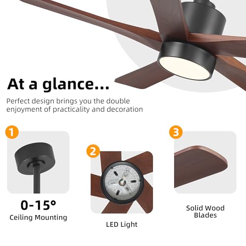 Image of WINGBO 48 Inch DC Ceiling Fan with Lights and Remote Control, 5 Carved Solid Wood Blades, 6-Speed Noiseless Reversible DC Motor, Indoor Ceiling Fan in Matte Black Finish with Walnut Blades