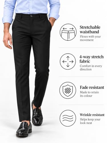 Image of SUBTRACT Men 4 Way Stretch Wrinkle Free Slim Fit Formal Trouser in with 2 Inch Flexible Waistband | Men's Trousers for Office Or Party