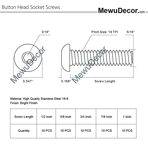 Mewudecor BHSS.51618.1258347801-50 5/16-18 X 1/2", 5/8", 3/4", 7/8", 1 Inch Button Head Socket Screws, Stainless Steel 18-8 thumb #1