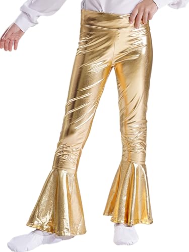 JEATHA Kids Girls Shiny Metallic Flared Pants Disco Dance Bell-Bottom Leggings Yoga Ruffle Trousers Dancewear