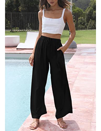 Himosyber Women Cotton Linen Pants Wide Leg High Waist Flowy Summer Beach Drawstring Pant Trouser3