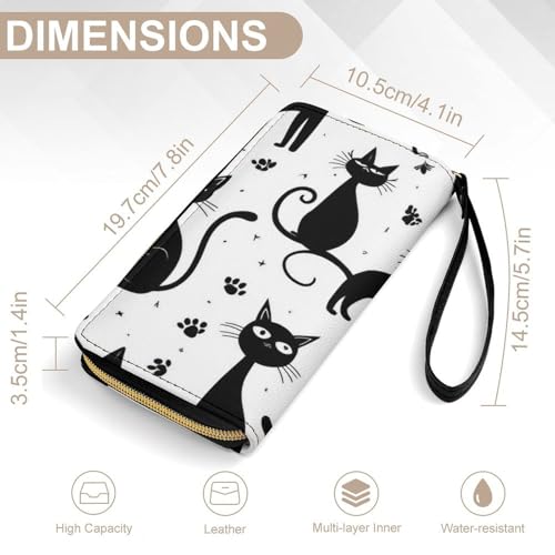Girl's Long PU Wallet, Travel Purse Fashion Design, Huge Storage Capacity Purse, Cute Decor Zipper Wallet With Rope Funny Black Cats2