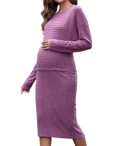 Brynmama BY215 2 Piece Maternity Skirt Set Long Sleeve Crop Top And Split Midi Skirt Ribbed Knit Pregnancy Dress Outfits Set cover
