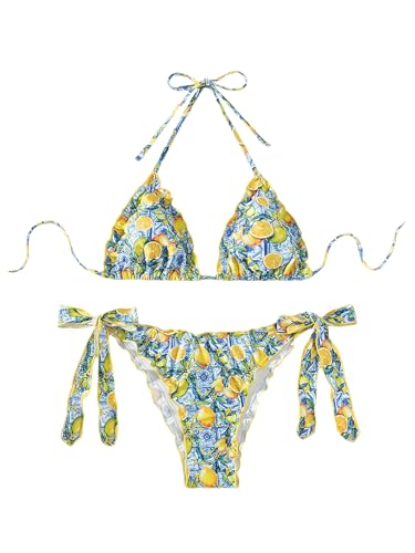 Milumia Women's 2 Piece Bikini Set Lemon Lettuce Trim Halter String Triangle Bathing Suit