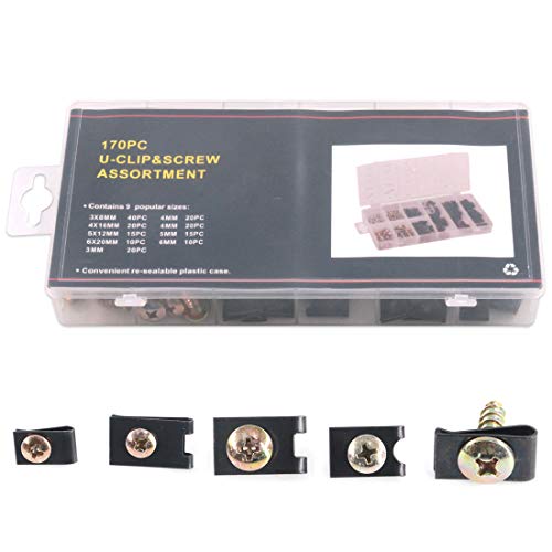 Hilitchi 170 Pcs 9 Popular Sizes Black Phosphate Finish U Nut U Clips with Zinc Plated Phillips Screws Rust Resistant Assortment Kit