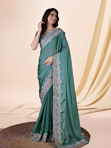 Trendmalls Women's Silk Embroidery Saree with Unstitched Designer Blouse Piece