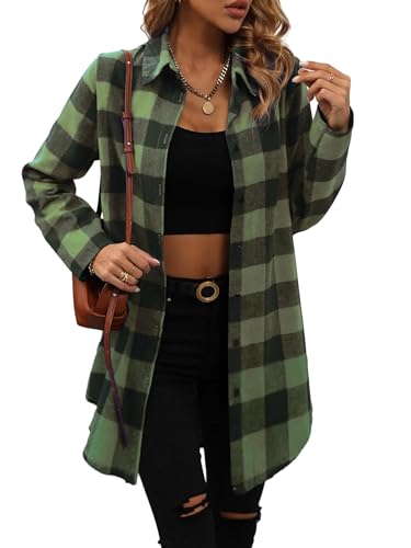 Jhsnjnr Damen Plaid Langarm Bluse Tops Button Down Oversized Lange Karierte Flanellhemden, grün, XL