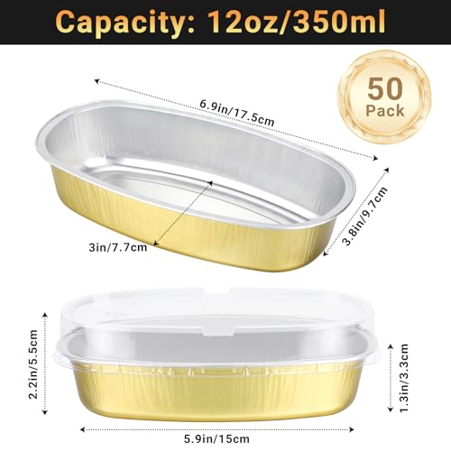 Beasea 6 Inch Oval Cheesecake Pan, 50 Pack With Lids - Golden Disposable Mini Bread Loaf Pans, Ellipse Aluminum Bakeware for Oven Baking