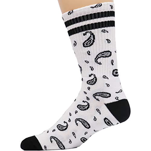 White with Black Paisley Bandana Pattern Premium Dress Crew Socks2