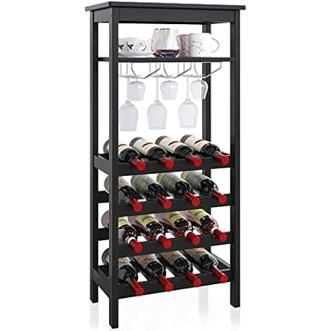 SMIBUY Wine Rack with Glass Holder & Table Top, 16 Bottles Storage, Floor Free Standing Bamboo Display Shelves for Home, Kitchen, Pantry, Cellar, Bar (Black) Cover